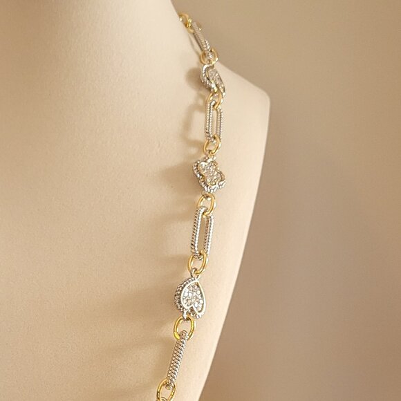 Silver and Gold Tone Necklace with Rhinestones. Glass Crystals. Toggle Clasp. - Picture 5 of 12